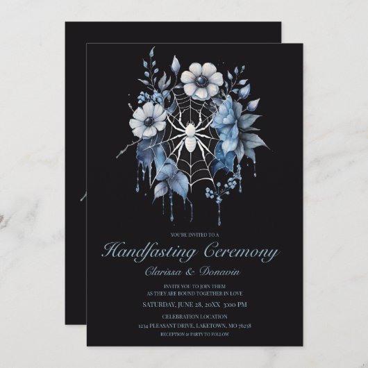 Invitation Gothique Dusty Blue Spider Floral Web Handfasting (Devant / Derrière)