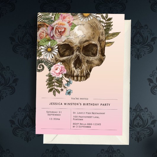 Invitation Gothique Dusty Pink Crâne Vintage