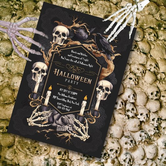 Invitation Gothique Elegance Skuls Corbeau Halloween Party