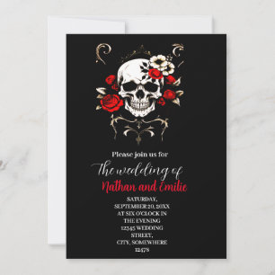 Invitation Gothique Elegant Crâne noir et rouge mariage invit