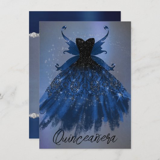 Invitation Gothique Fairy Navy Gown | Fleur bleue de Cobalt p (Devant / Derrière)
