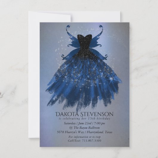 Invitation Gothique Fairy Navy Gown | Fleur bleue de Cobalt p (Devant)