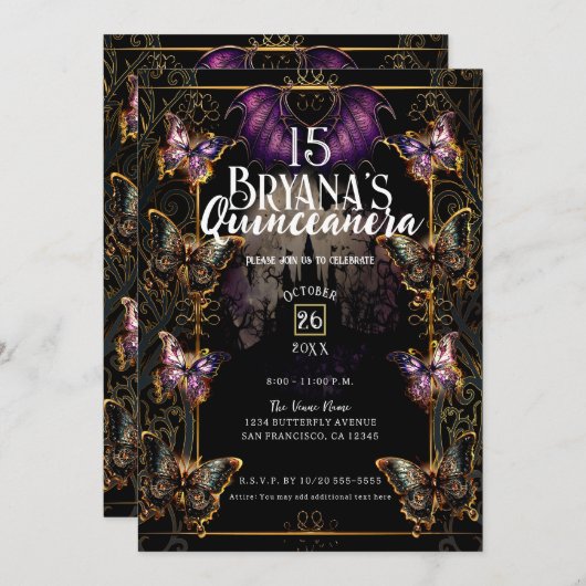 Invitation Gothique Fairytale Gold Butterfly & Bat Quinceañer (Devant / Derrière)