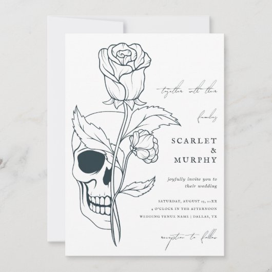 Invitation Gothique Floral Crâne & Monogramme Mariage d'Hallo (Devant)
