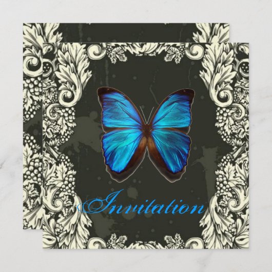 Invitation Gothique Flûtes Bleu papillon steampunk Mariage (Devant / Derrière)