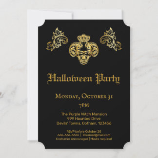 Invitation  Gothique Glam Noir & Or Crâne Halloween Party