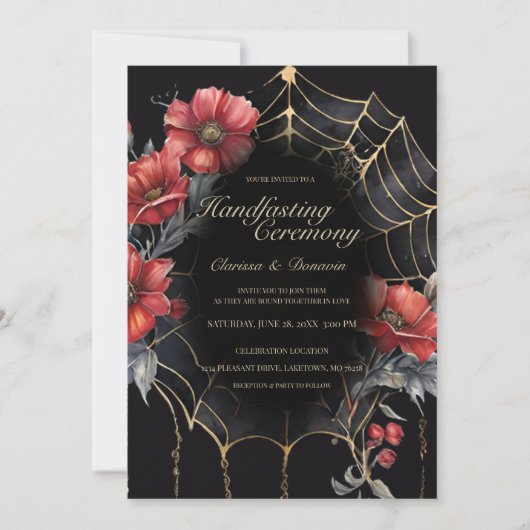 Invitation Gothique Gold & Red Spider Floral Web Handfasting (Devant)