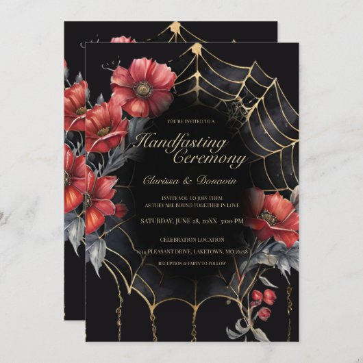 Invitation Gothique Gold & Red Spider Floral Web Handfasting (Devant / Derrière)