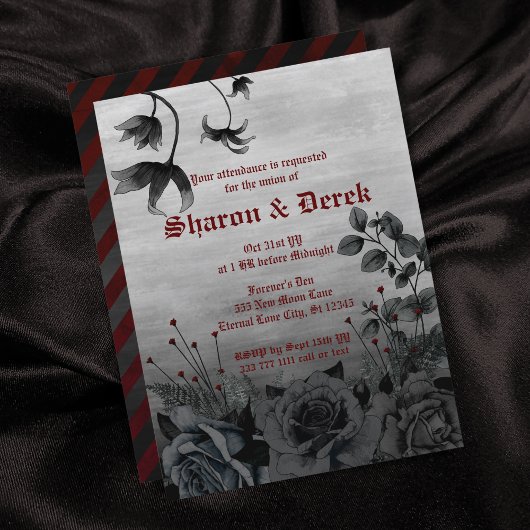 Invitation Gothique Gris Noir Floral Rouge Lettres Mariage