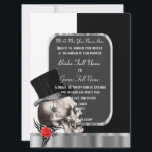 Invitation Gothique Groom Crâne noir et blanc<br><div class="desc">Imaginaire noir et blanc classique mariage marié crâne formel alternative mariage invite, avec un design contemporain classique noir et blanc entouré d'un invitation arrière - plan de style tableau gris, personnalisez facilement les noms de mariée et mariée au texte modèles pour créer une invitation personnalisée unique pour vos occasions spéciales...</div>