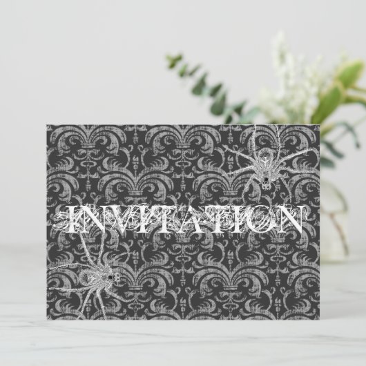 Invitation Gothique Grunge Damask Party Rouge & Noir avec/ Ar (Debout devant)