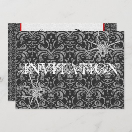 Invitation Gothique Grunge Damask Party Rouge & Noir avec/ Ar (Devant / Derrière)