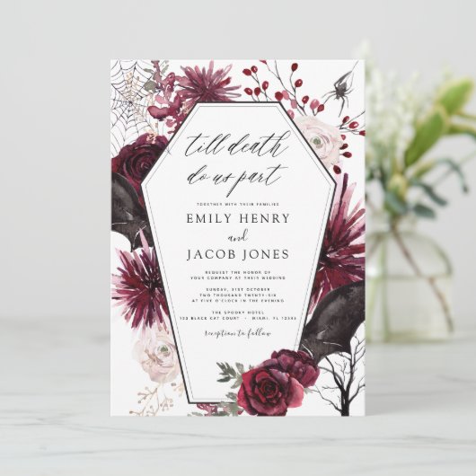 Invitation Gothique Halloween Mariage Bourgogne Noir (Debout devant)