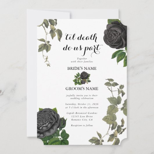 Invitation Gothique Halloween Rose noir Mariage blanc (Devant)