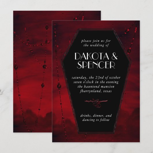 Invitation Gothique Luxe | Mariage de café rouge noir et sang (Devant / Derrière)
