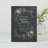 Invitation Gothique Mariage Filigrane Rose Or Violet (Debout devant)
