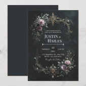 Invitation Gothique Mariage Filigrane Rose Or Violet (Devant / Derrière)