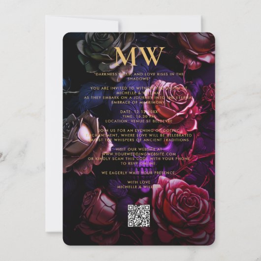 Invitation Gothique Monogramme Rose crâne Boho Elegant Red Go (Dos)
