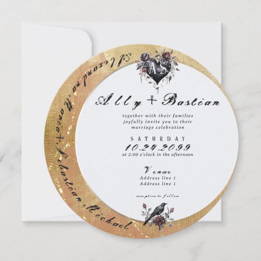 Invitation Gothique Moon Moody Black Floral Raven Mariage de  (Devant)