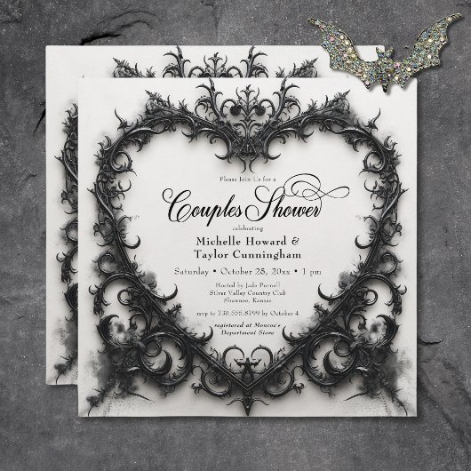 Invitation Gothique Noir & Blanc Filigree Coeur Couples Douch