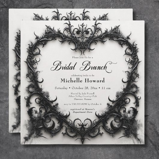 Invitation Gothique Noir & Blanc Filigree Heart Bridal Brunch