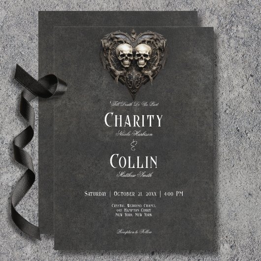 Invitation Gothique Noir & Blanc Skuls & Mariage Coeur