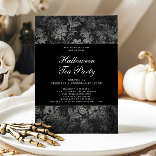 Invitation Gothique Noir Damas Halloween Tea Party