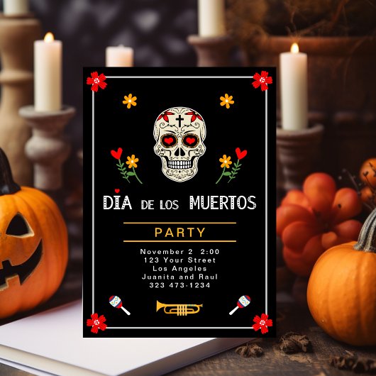 Invitation Gothique noir Dia de los Muertos Sugar Skull Fleur