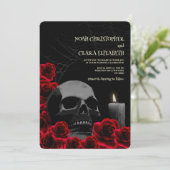 Invitation Gothique Noir et Rouge Halloween Crâne rouge roses (Debout devant)