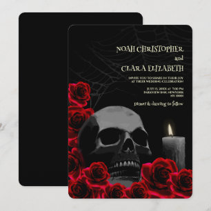Invitation Gothique Noir et Rouge Halloween Crâne rouge roses