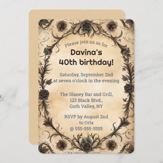 Invitation Gothique Noir Modifiables Roses (Devant / Derrière)