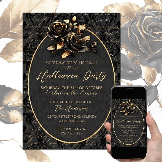 Invitation Gothique noir or rose damask élégant Halloween