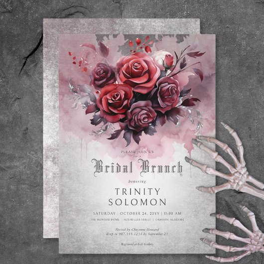 Invitation Gothique Noir & Rose Rouge Floral Brunch nuptial