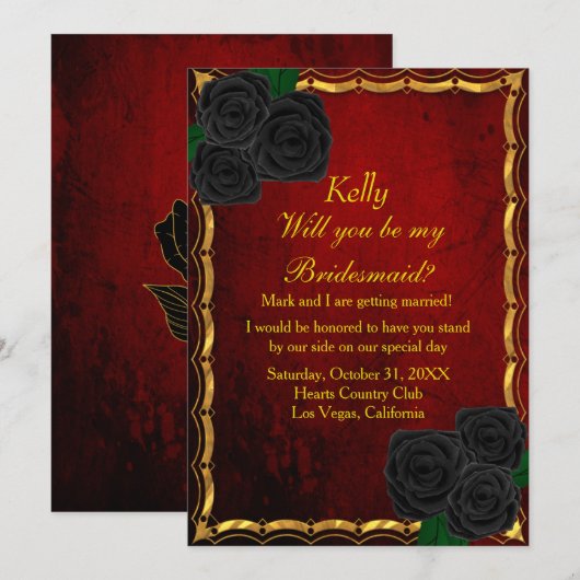 Invitation Gothique Noir Rose sang Rouge Mariage Bridesmaid (Devant / Derrière)