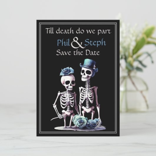 Invitation Gothique, noir, squelette enregistrer la date (Debout devant)