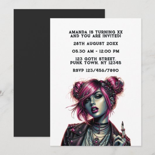 Invitation Gothique Punk Girl Birthday Party (Devant / Derrière)
