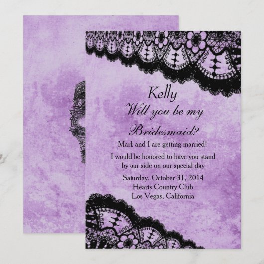 Invitation Gothique Purple Grunge Black Lace Mariage Bridesma (Devant / Derrière)