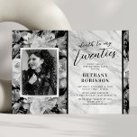 Invitation Gothique RIP Années 30e anniversaire de fête Invit<br><div class="desc">Invitations vintages à la fête d'anniversaire "mort à mes vingt ans" avec un fond floral rustique noir & blanc à l'aquarelle avec une couverture en marbre gris argenté,  une photo à remplacer par la vôtre,  et un modèle de célébration de 30ème facile à personnaliser.</div>