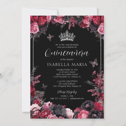 Invitation Gothique rose rouge et noir Moody Florals Quinceañ (Devant)