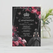 Invitation Gothique rose rouge et noir Moody Florals Quinceañ (Debout devant)