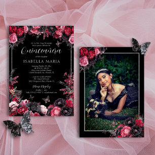 Invitation Gothique rose rouge et noir Moody Florals Quinceañ