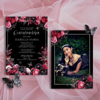 Invitation Gothique rose rouge et noir Moody Florals Quinceañ