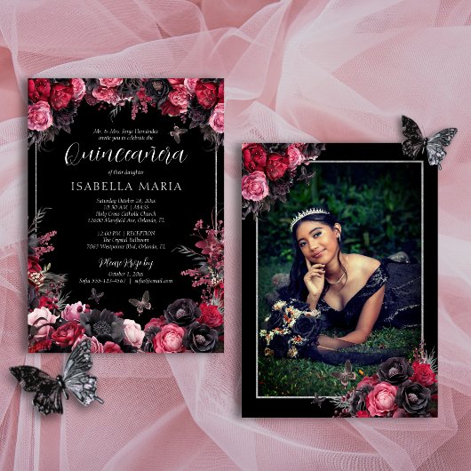 Invitation Gothique rose rouge et noir Moody Florals Quinceañ