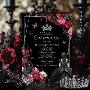 Invitation Gothique rose rouge et noir Moody Florals Quinceañ