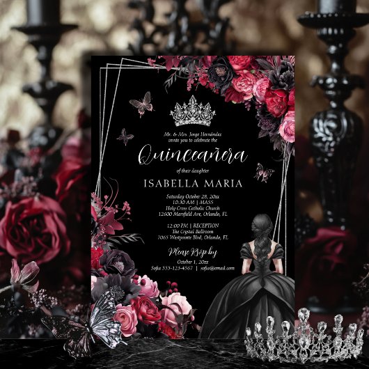 Invitation Gothique rose rouge et noir Moody Florals Quinceañ