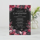 Invitation Gothique rose rouge et noir Moody Florals Quinceañ (Debout devant)