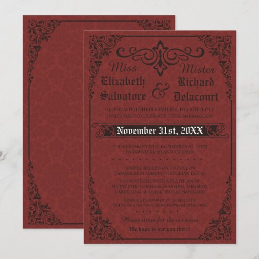 Invitation gothique rouge Mariage damassé victorie (Devant / Derrière)
