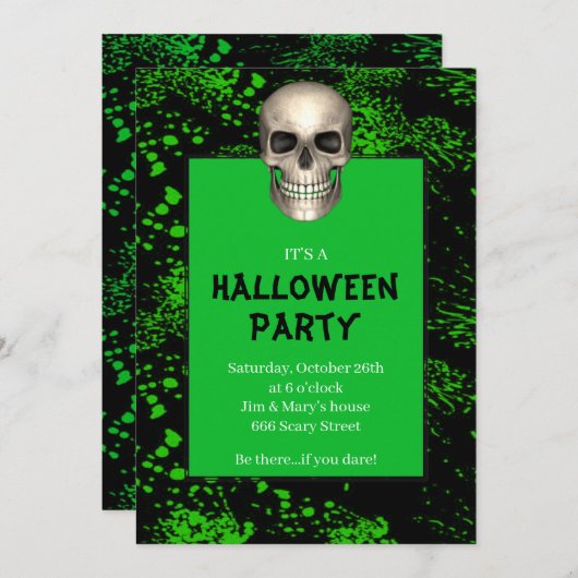 Invitation Gothique Skull Green Splatz Halloween Party (Devant / Derrière)