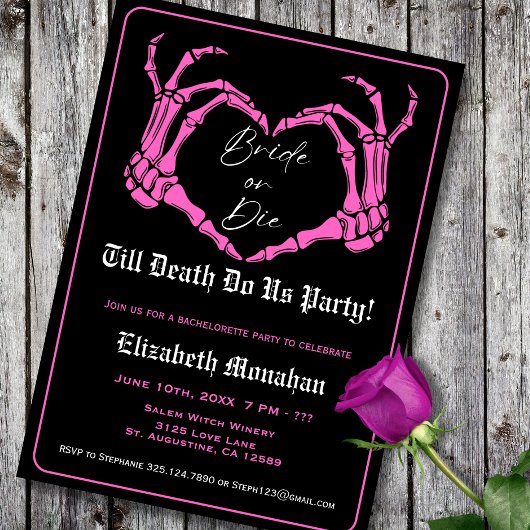 Invitation Gothique Squelette Rose Mariée ou Die Bachelorette