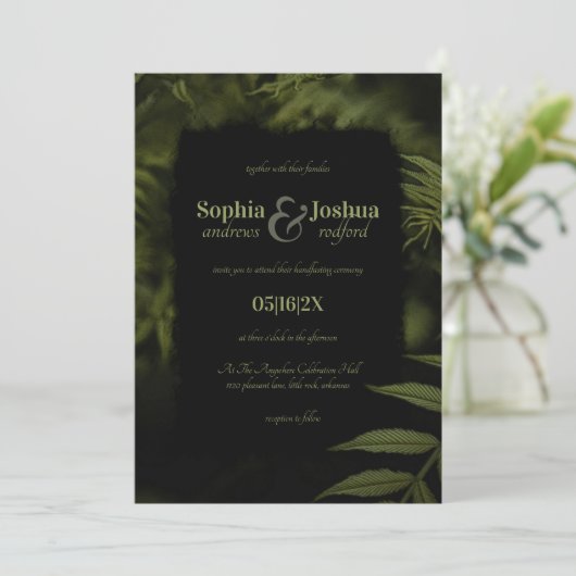 Invitation Gothique Vert foncé Feuille Mariage noir à la main (Debout devant)